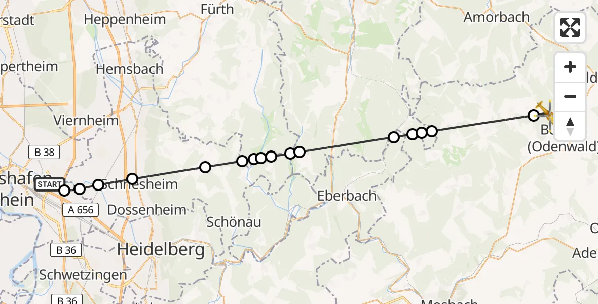 Flugroute Rettungshubschrauber Mannheim-City Flughafen - Buchen (Odenwald), 14 Mai 2026, 10:04