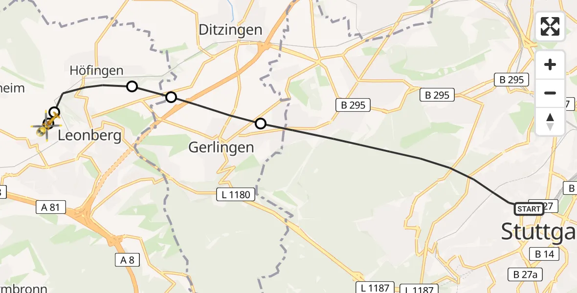Flugroute Rettungshubschrauber Stuttgart - Leonberg Hospital, 14 Mai 2026, 10:06
