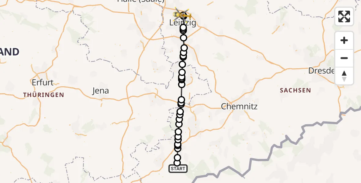 Flugroute Rettungshubschrauber Neustadt/Vogtl. - Sankt Georg Hospital Leipzig Reserve, 14 Mai 2026, 10:09