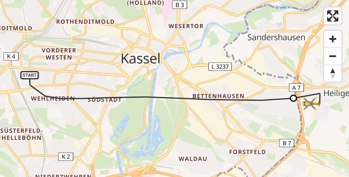 Flugroute Rettungshubschrauber Kassel - Niestetal, 14 Mai 2026, 10:14