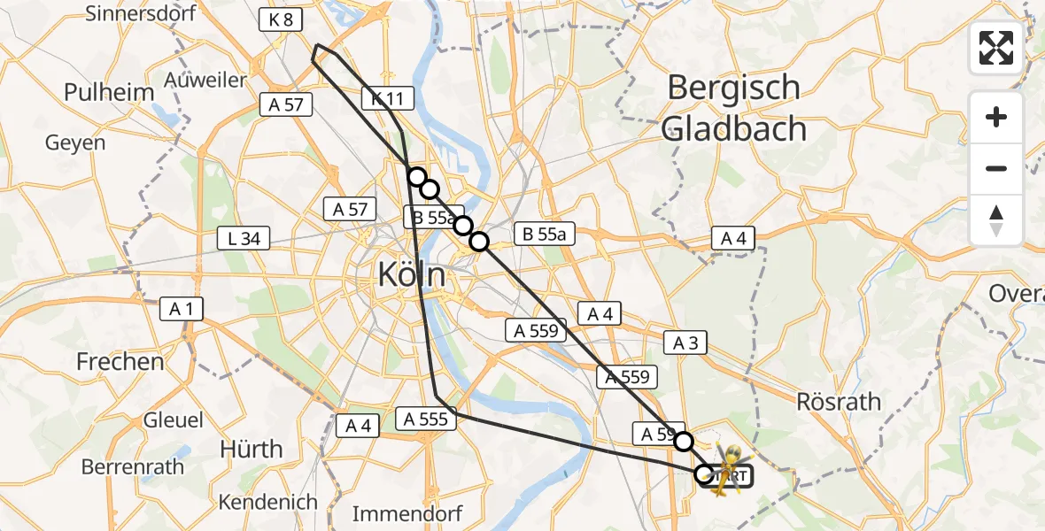 Flugroute Rettungshubschrauber Köln Bonn Flughafen - Köln Bonn Flughafen, 14 Mai 2026, 10:28