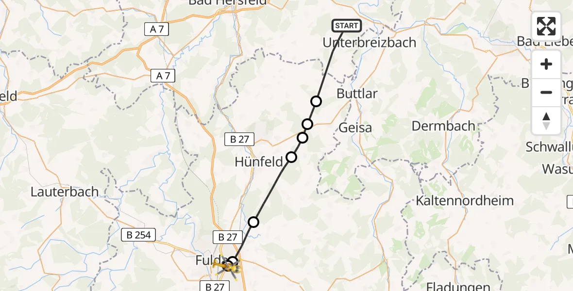 Flugroute Rettungshubschrauber Hohenroda - Fulda Hospital, 14 Mai 2026, 10:29