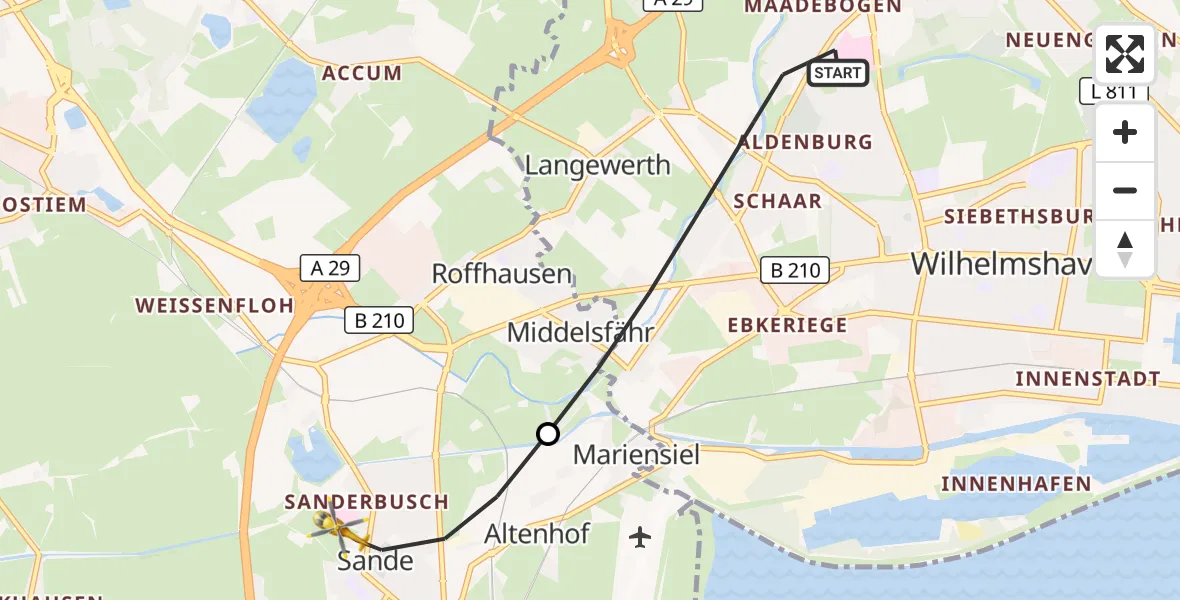 Flugroute Rettungshubschrauber Wilhelmshaven - Sande, 14 Mai 2026, 10:34