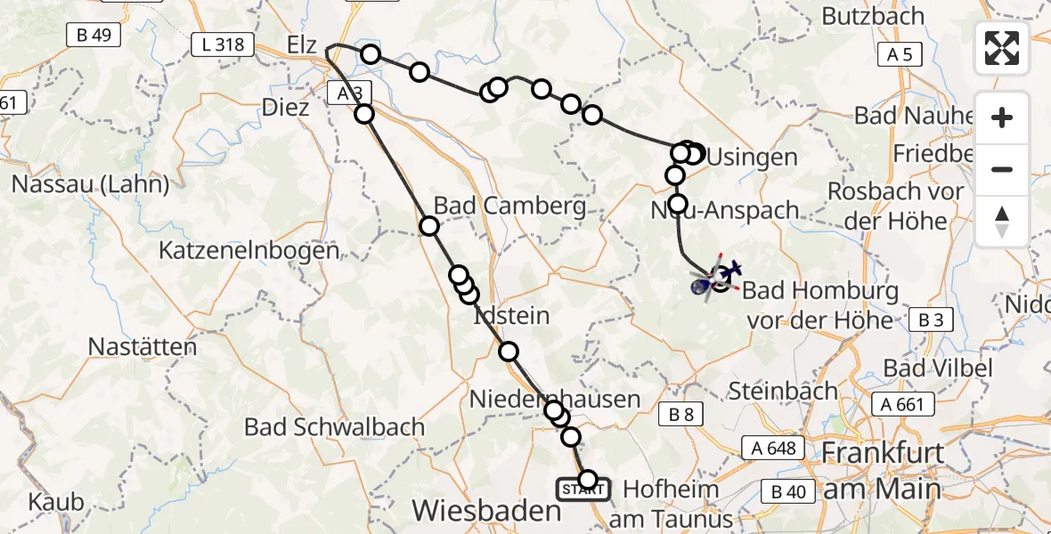 Flugroute Polizeihubschrauber Autobahn Police Wiesbaden Hubschrauberlandeplatz - Neu-Anspach, 14 Mai 2026, 10:37