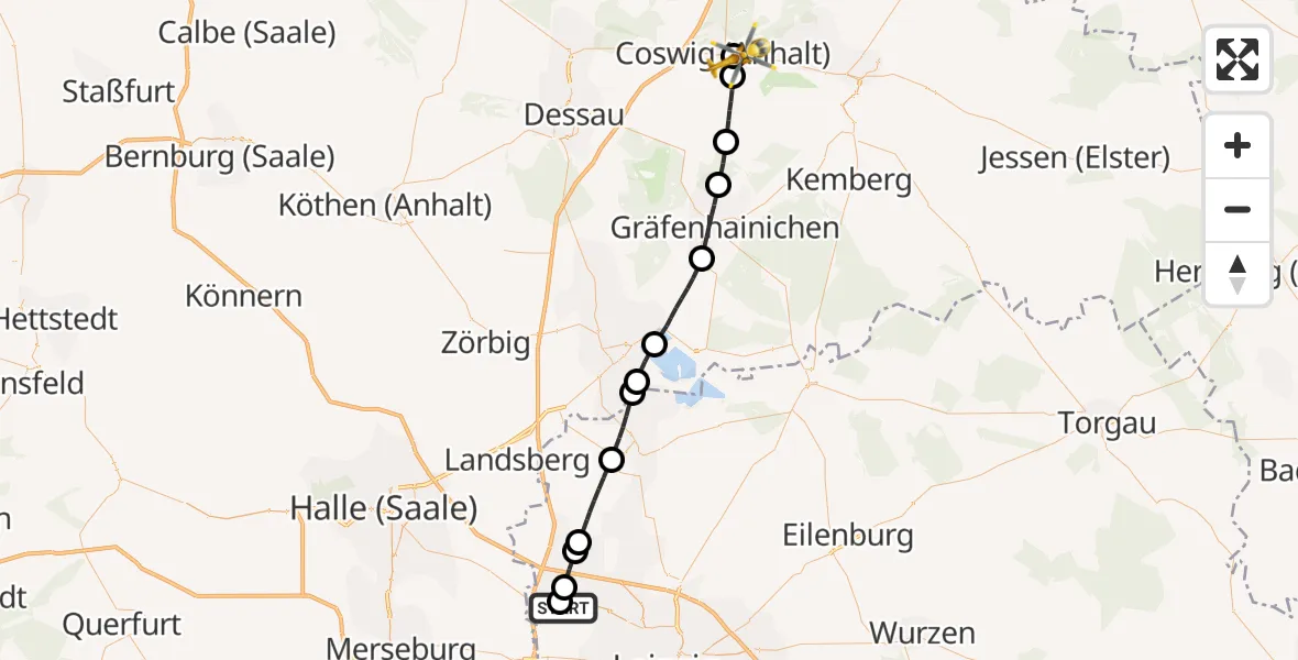 Flugroute Rettungshubschrauber Helios Clinic Schkeuditz - MediClin Heart Center Coswig Hubschrauberlandeplatz, 14 Mai 2026, 10:40