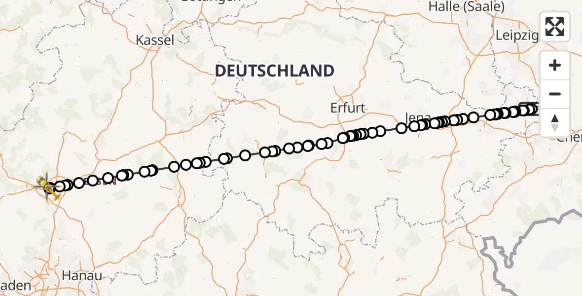 Flugroute Rettungshubschrauber Leipzig–Altenburg Flughafen - Gießen, 14 Mai 2026, 10:40