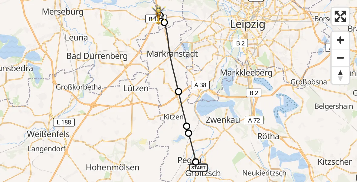 Flugroute Rettungshubschrauber Groitzsch - ADAC Air Rescue Station Leipzig/Schkeuditz-Dölzig Hubschrauberlandeplatz (Christoph 61), 14 Mai 2026, 10:43