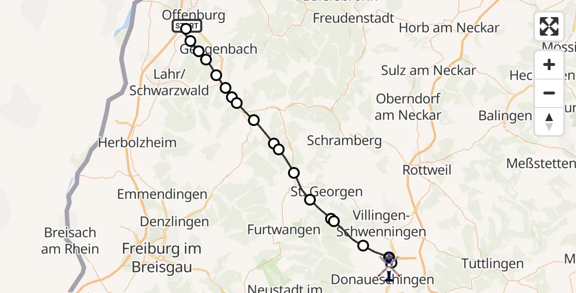 Flugroute Polizeihubschrauber Offenburg-Baden Flugplatz - Donaueschingen-Villingen Flugplatz, 14 Mai 2026, 10:45