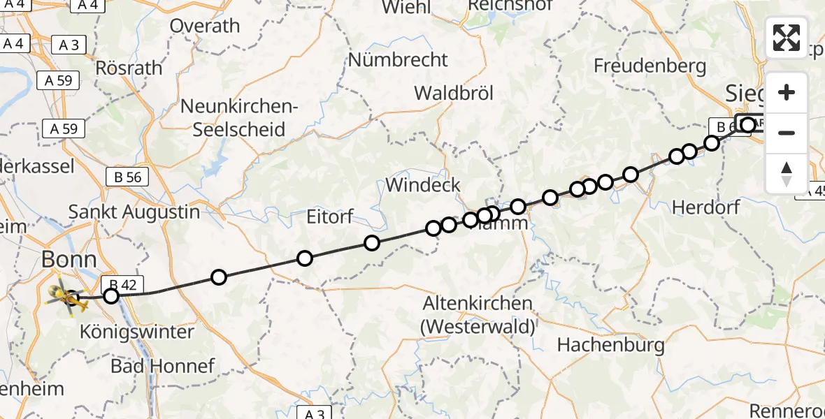 Flugroute Rettungshubschrauber Evangelisches Jung-Stilling Hospital - Bonn University Hospital, 14 Mai 2026, 10:49