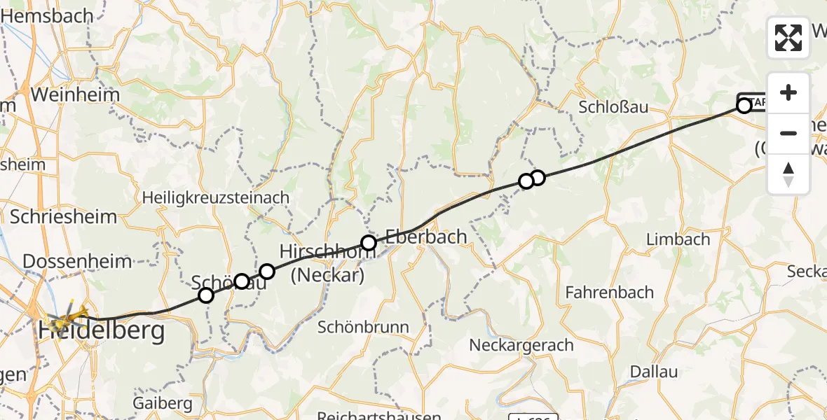 Flugroute Rettungshubschrauber Buchen (Odenwald) - Heidelberg, 14 Mai 2026, 10:53