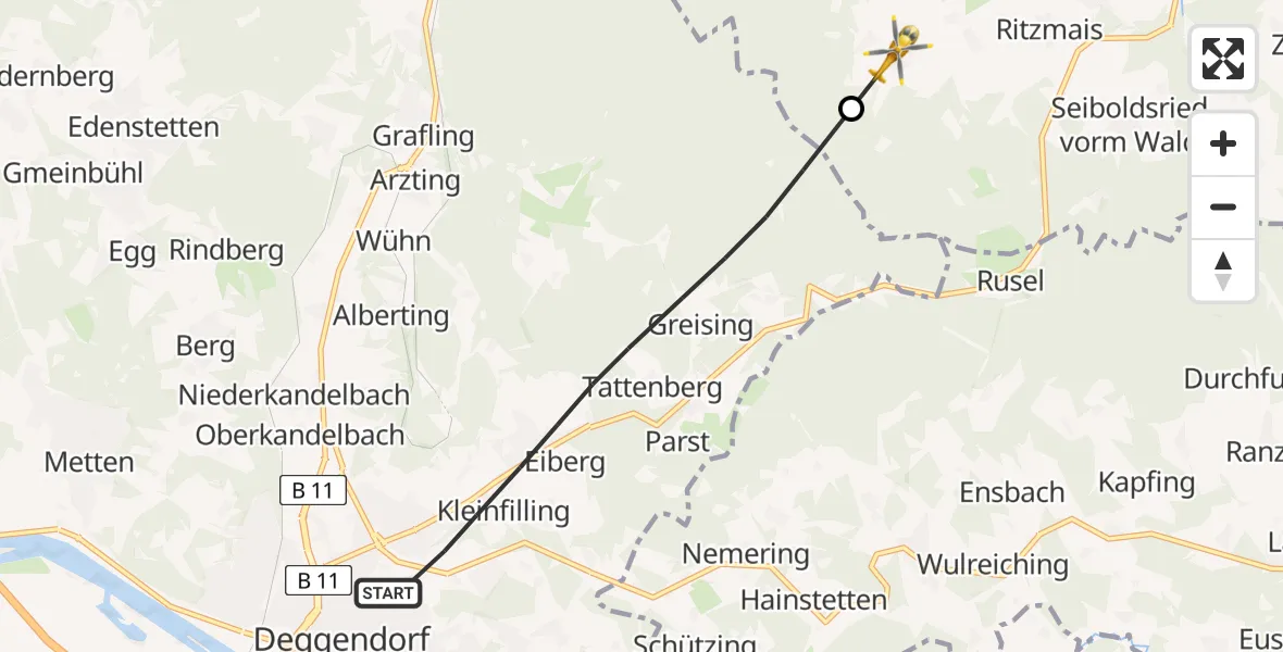 Flugroute Rettungshubschrauber Deggendorf - Bischofsmais, 14 Mai 2026, 10:54