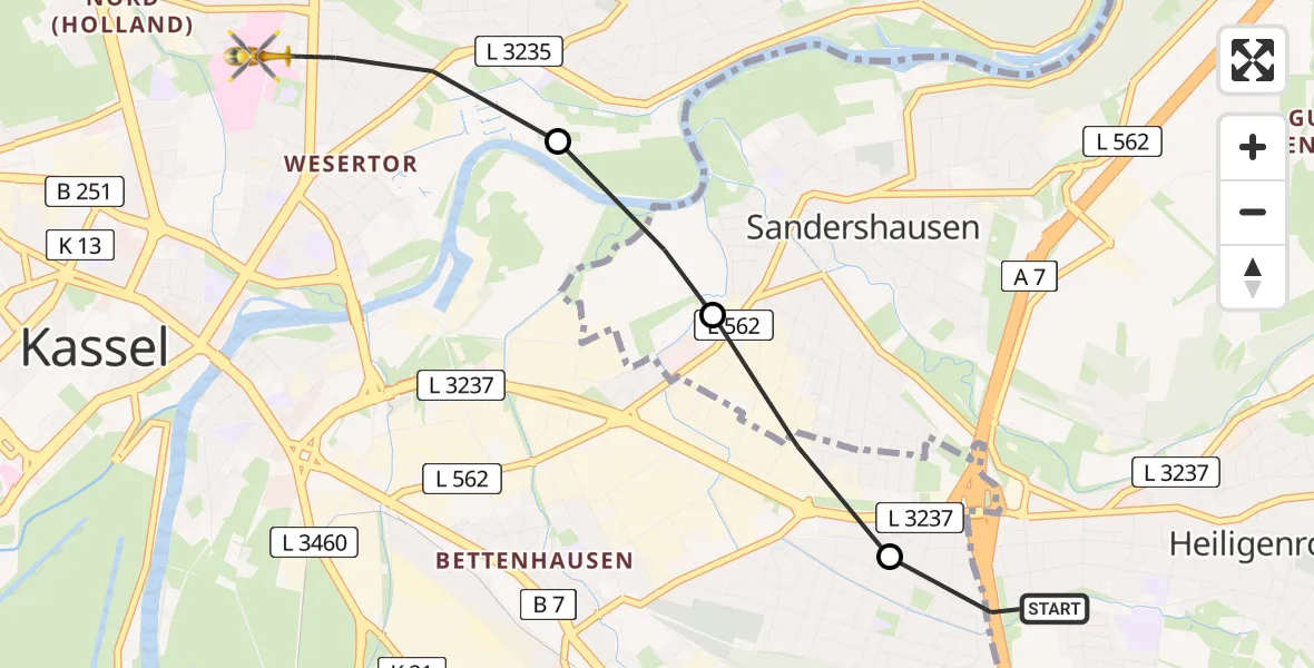 Flugroute Rettungshubschrauber Niestetal - Kassel, 14 Mai 2026, 10:55