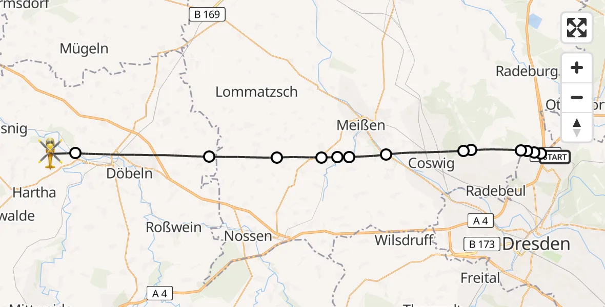 Flugroute Rettungshubschrauber Dresden Flughafen - Hartha, 14 Mai 2026, 10:57
