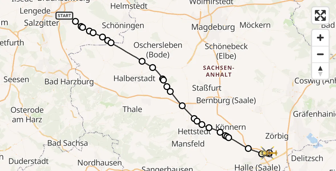 Flugroute Rettungshubschrauber Wolfenbüttel - Halle-Oppin Flugplatz, 14 Mai 2026, 10:59