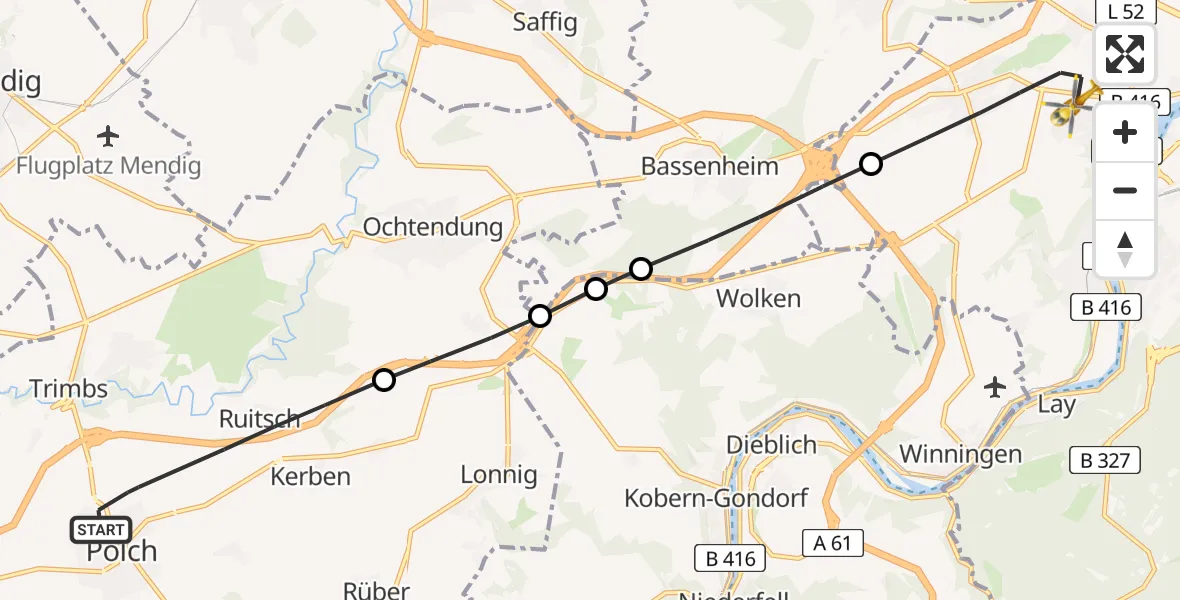 Flugroute Rettungshubschrauber Polch - Koblenz, 14 Mai 2026, 11:16