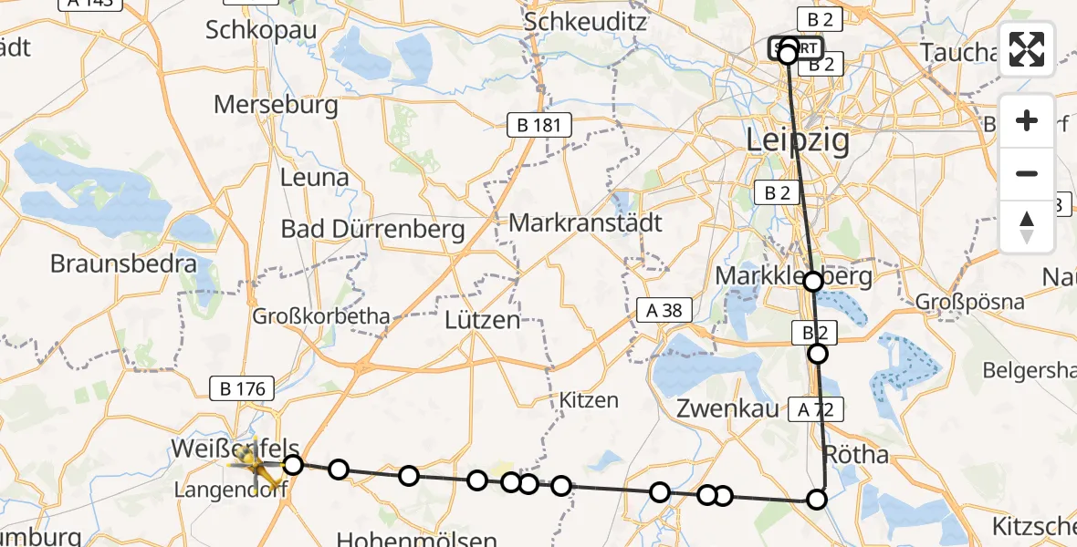 Flugroute Rettungshubschrauber Sankt Georg Hospital Leipzig Reserve - Weißenfels, 14 Mai 2026, 11:19