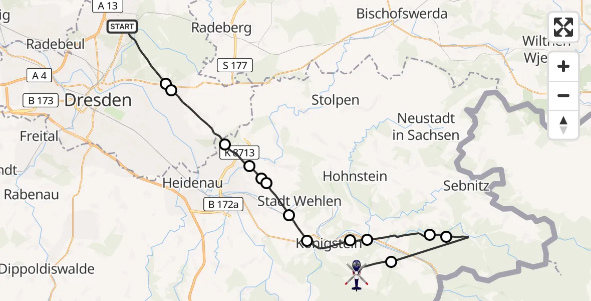 Flugroute Polizeihubschrauber Dresden - Gohrisch, 14 Mai 2026, 11:19