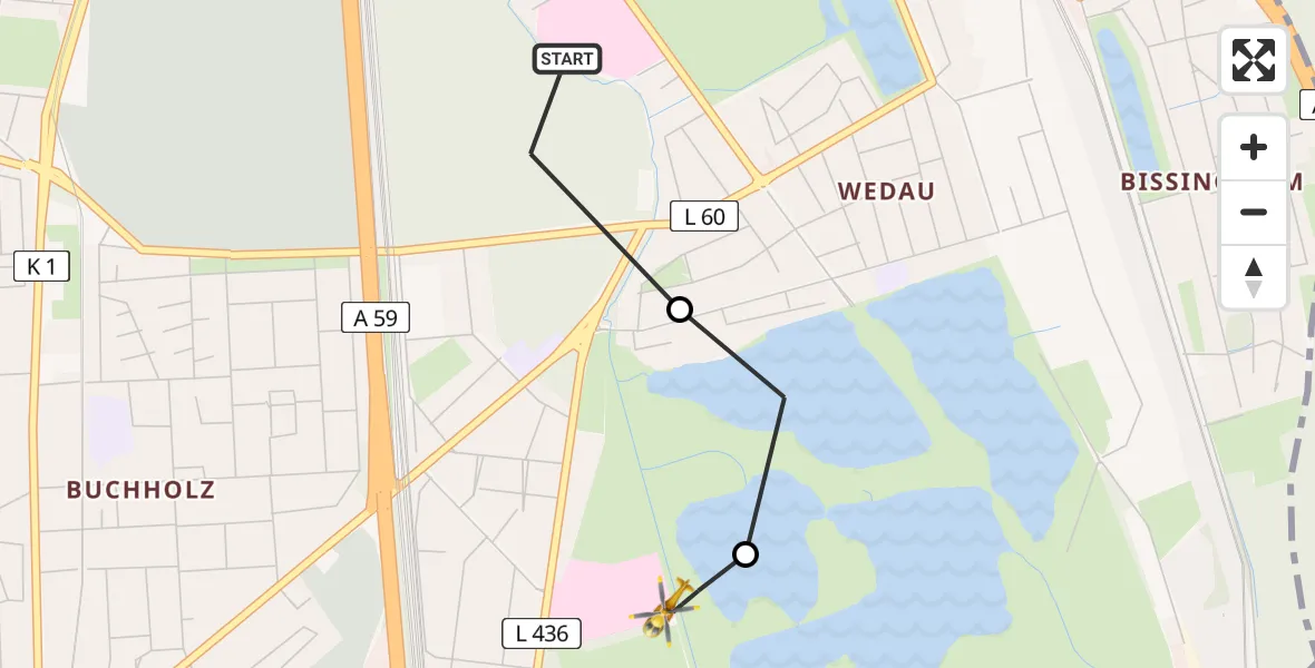 Flugroute Rettungshubschrauber Sana Clinic Duisburg Hubschrauberlandeplatz - Duisburg Air Rescue Hubschrauberlandeplatz (Christoph 9), 14 Mai 2026, 11:22