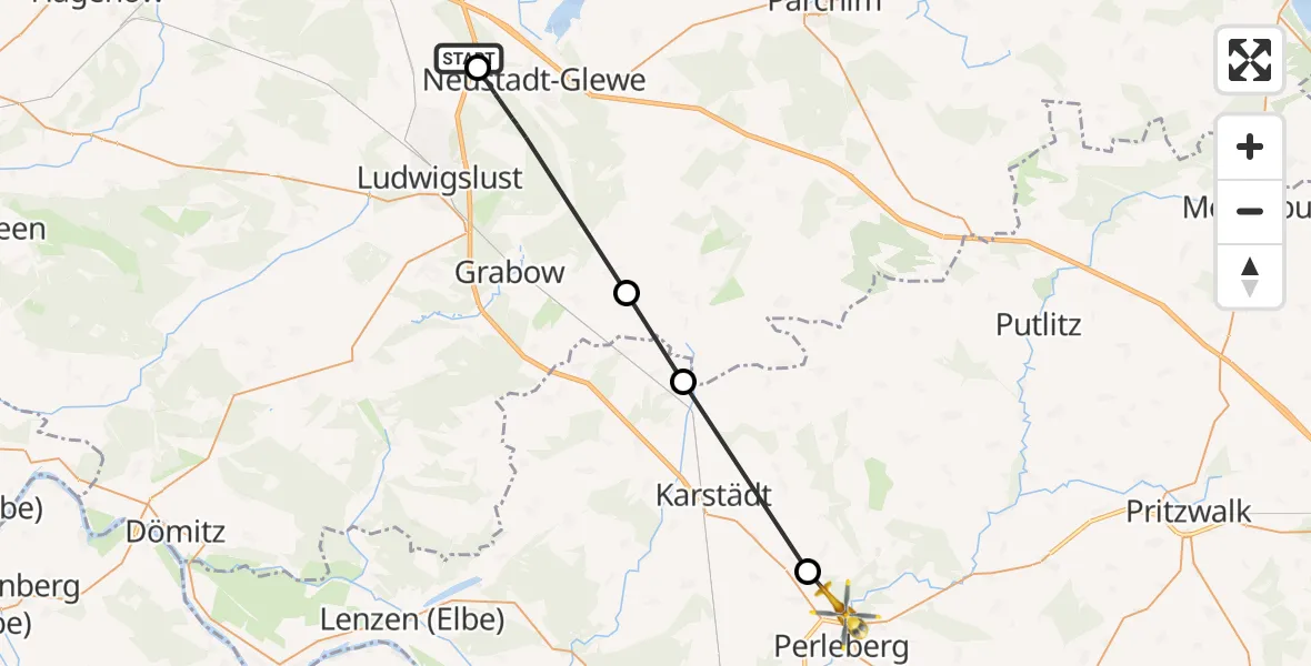Flugroute Rettungshubschrauber Wöbbelin - Perleberg, 14 Mai 2026, 11:22