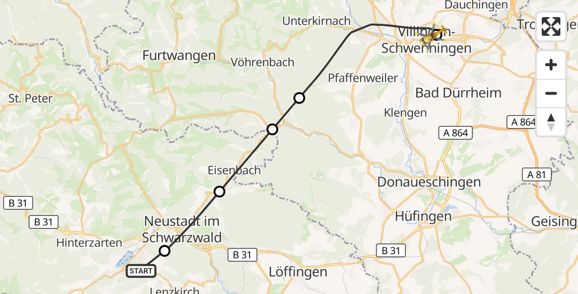 Flugroute Rettungshubschrauber Lenzkirch - DRF Air Rescue Station Villingen-Schwenningen Hubschrauberlandeplatz (Christoph 11), 14 Mai 2026, 11:25