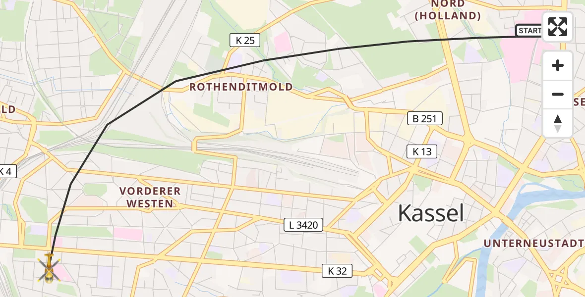 Flugroute Rettungshubschrauber Kassel - Kassel, 14 Mai 2026, 11:25