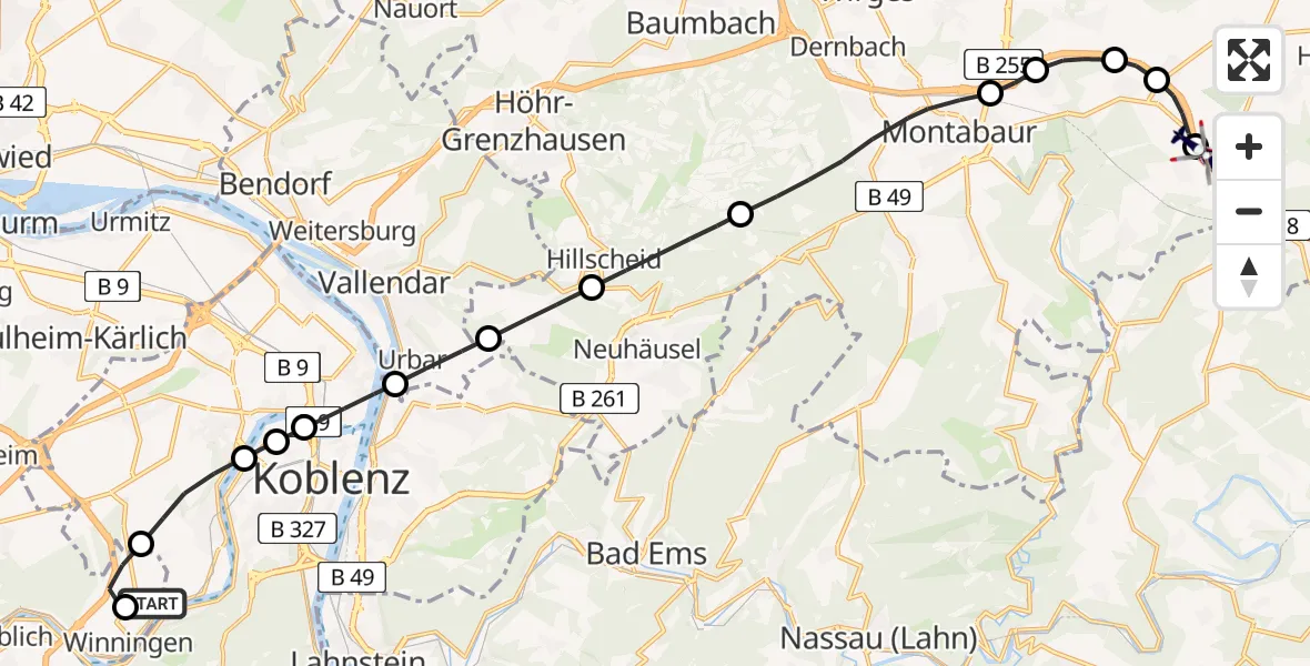Flugroute Polizeihubschrauber Koblenz-Winningen Flugplatz - Nentershausen, 14 Mai 2026, 11:29