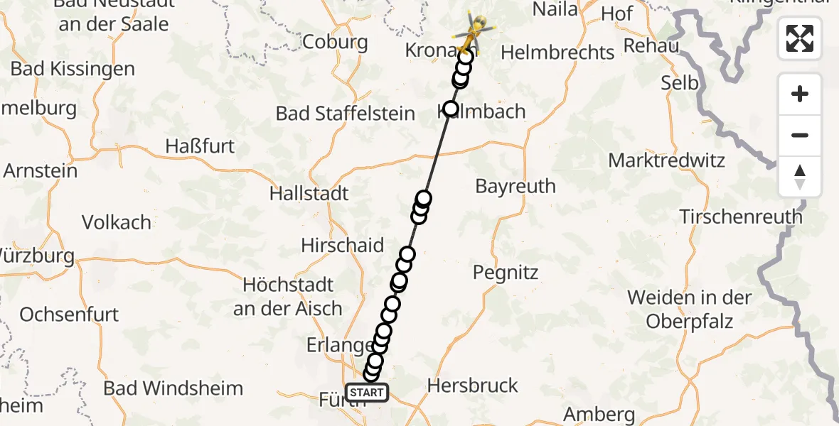 Flugroute Ambulanzhubschrauber Flughafen Nuremberg - Marktrodach, 14 Mai 2026, 11:30
