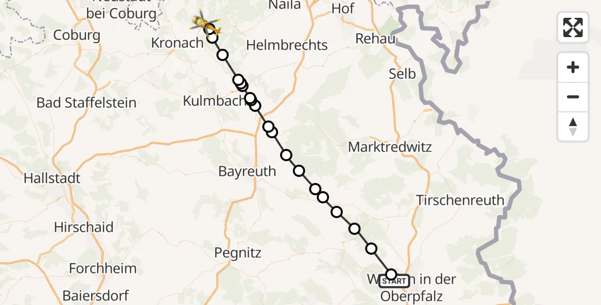 Flugroute Rettungshubschrauber Weiden i.d.OPf. - Steinwiesen, 14 Mai 2026, 11:31