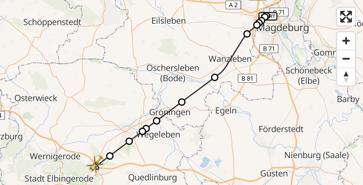 Flugroute Rettungshubschrauber Magdeburg Hospital - Blankenburg (Harz), 14 Mai 2026, 11:31
