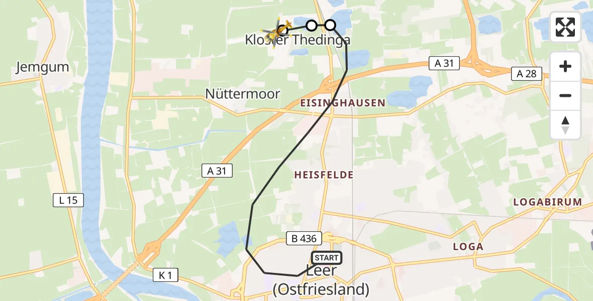Flugroute Ambulanzhubschrauber Leer (Ostfriesland) - Flugplatz Leer-Papenburg, 14 Mai 2026, 11:34