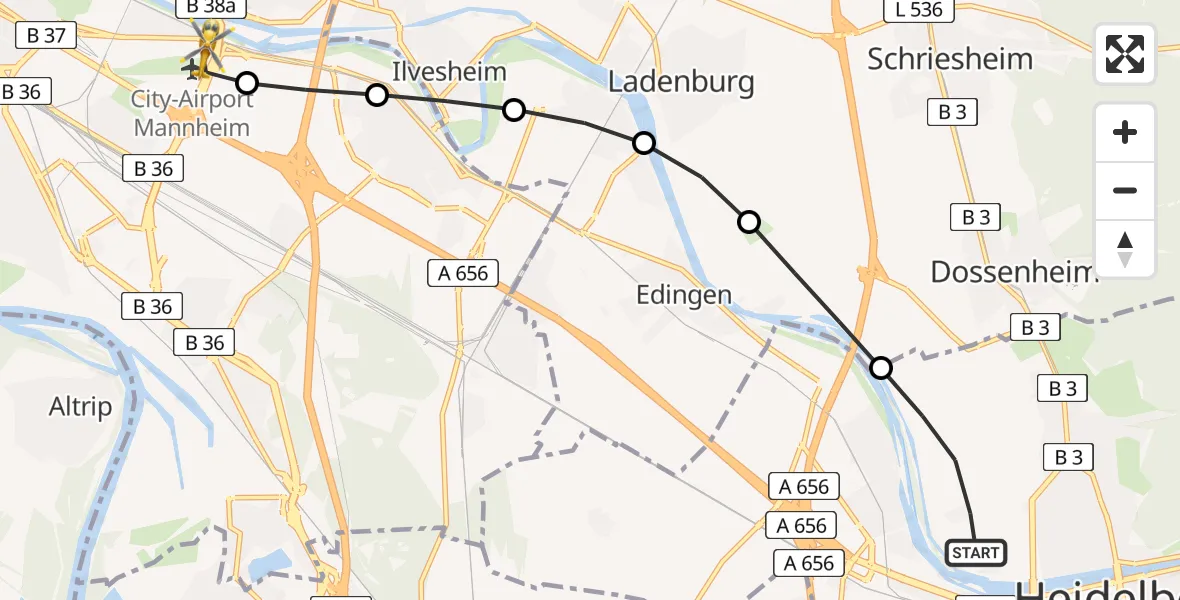Flugroute Rettungshubschrauber Heidelberg - Mannheim-City Flughafen, 14 Mai 2026, 11:35