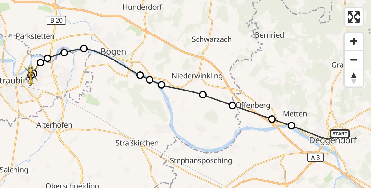 Flugroute Rettungshubschrauber Deggendorf - Sankt Elisabeth Hospital Straubing, 14 Mai 2026, 11:38