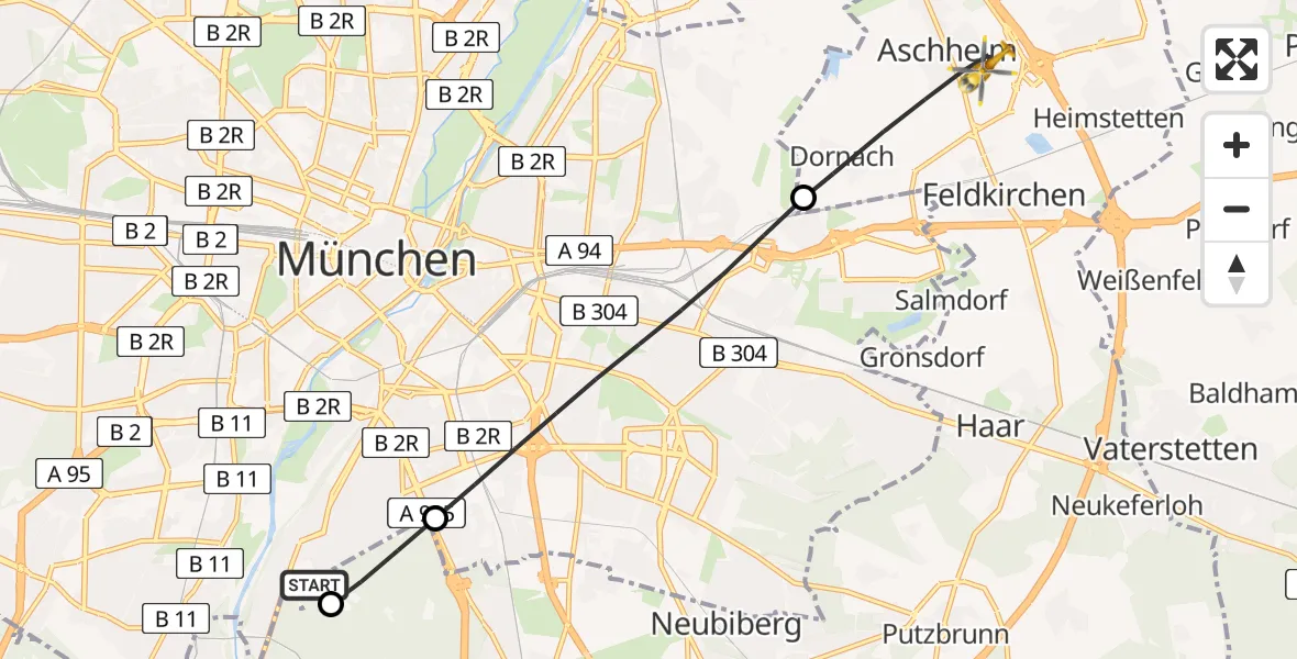 Flugroute Rettungshubschrauber ADAC Air Rescue Center Hubschrauberlandeplatz (Christoph 1) - Aschheim, 14 Mai 2026, 11:43