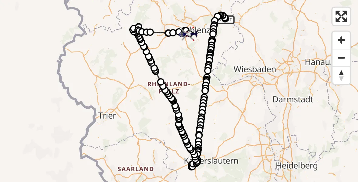 Flugroute Polizeihubschrauber Nentershausen - Koblenz-Winningen Flugplatz, 14 Mai 2026, 11:46