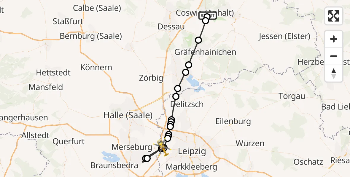 Flugroute Rettungshubschrauber MediClin Heart Center Coswig Hubschrauberlandeplatz - ADAC Air Rescue Station Leipzig/Schkeuditz-Dölzig Hubschrauberlandeplatz (Christoph 61), 14 Mai 2026, 11:47