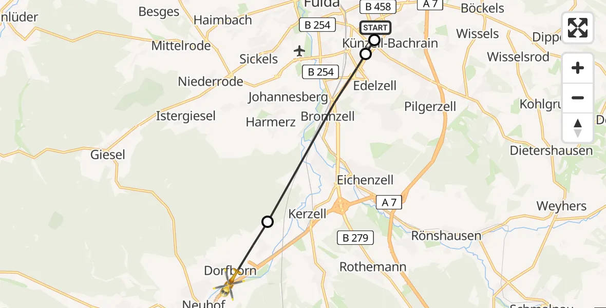 Flugroute Rettungshubschrauber Fulda Hospital - Neuhof, 14 Mai 2026, 11:52