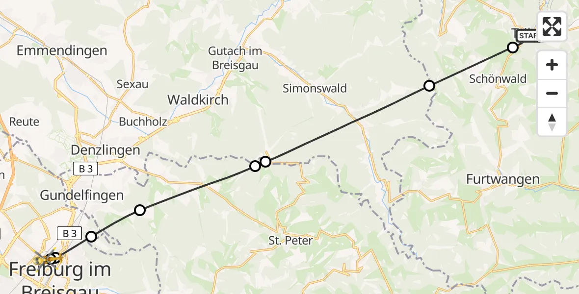 Flugroute Rettungshubschrauber Triberg im Schwarzwald - Freiburg University Hospital Heliport 1, 14 Mai 2026, 11:52