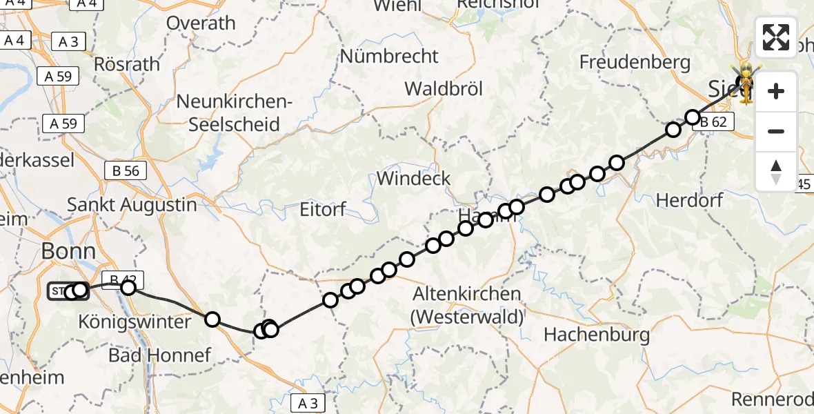 Flugroute Rettungshubschrauber Bonn University Hospital - Marien Hospital Siegen, 14 Mai 2026, 11:55