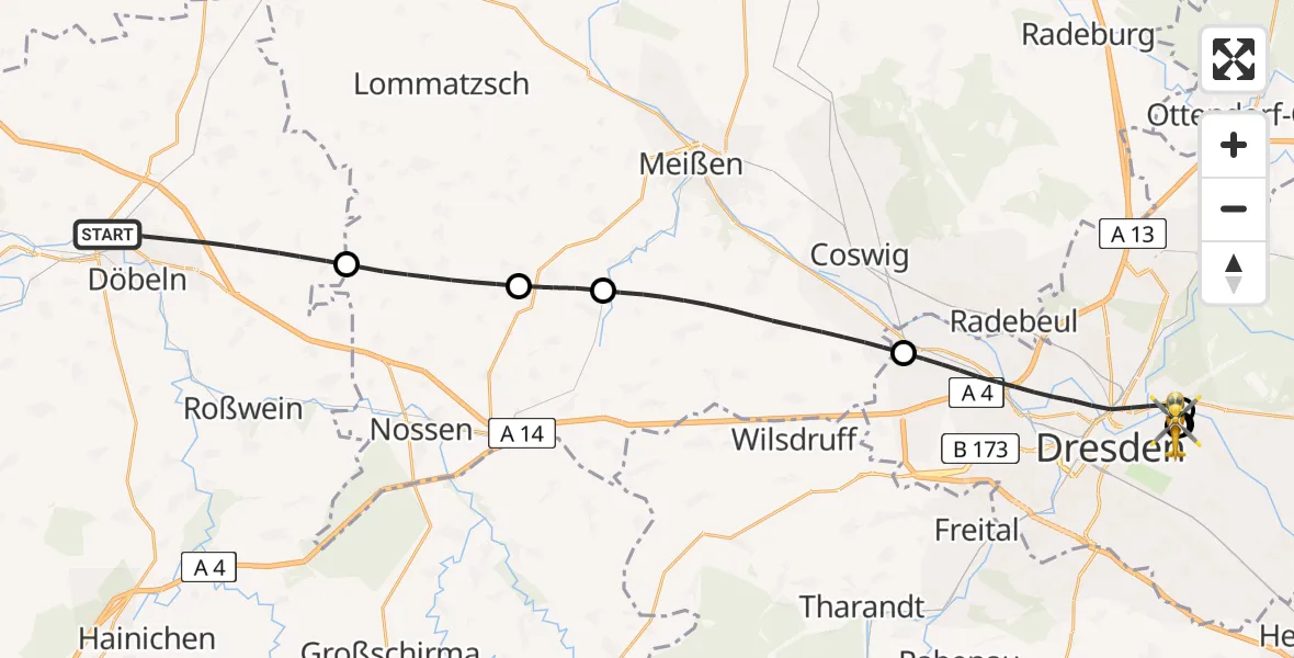 Flugroute Rettungshubschrauber Döbeln - Dresden University Hospital, 14 Mai 2026, 12:00
