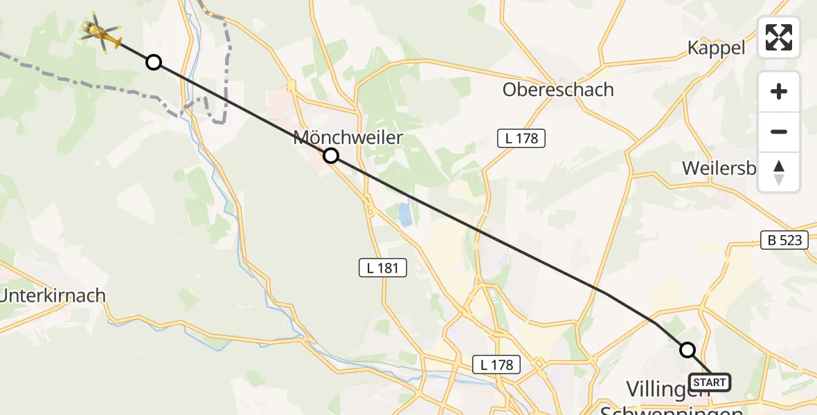 Flugroute Rettungshubschrauber DRF Air Rescue Station Villingen-Schwenningen Hubschrauberlandeplatz (Christoph 11) - St. Georgen im Schwarzwald, 14 Mai 2026, 12:08