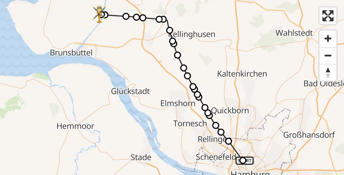 Flugroute Rettungshubschrauber Universitätsklinikum Hamburg-Eppendorf Hubschrauberlandeplatz - Burg (Dithmarschen), 14 Mai 2026, 12:08