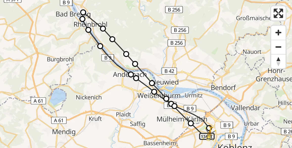 Flugroute Rettungshubschrauber Koblenz - Koblenz, 14 Mai 2026, 12:11