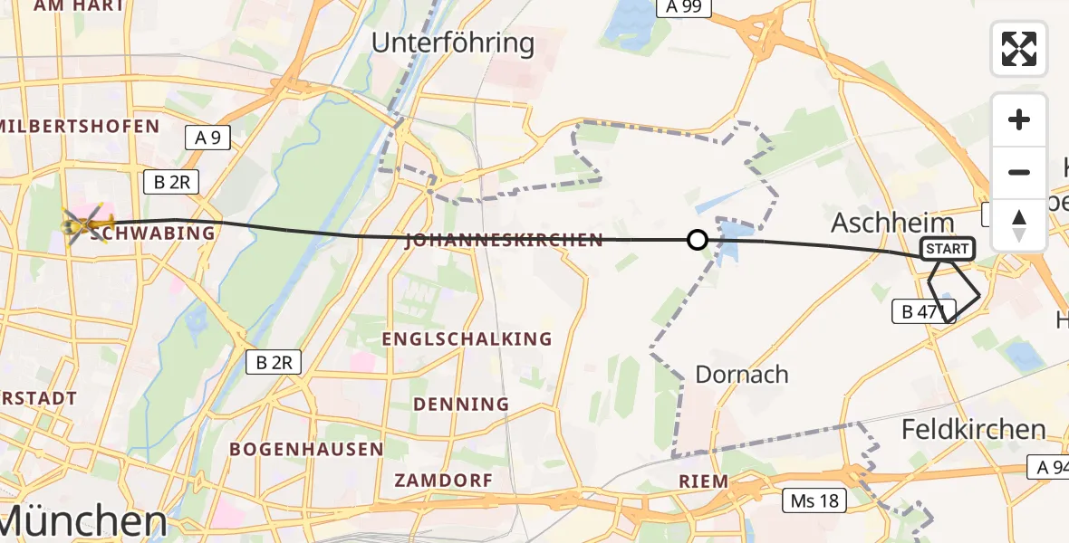 Flugroute Rettungshubschrauber Aschheim - München, 14 Mai 2026, 12:12