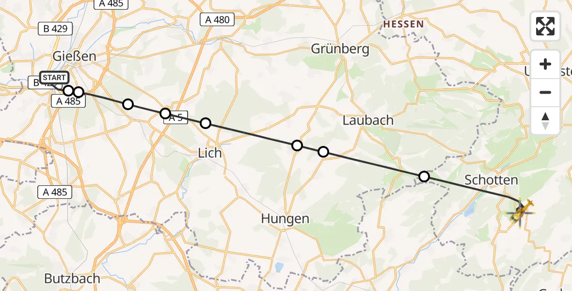 Flugroute Rettungshubschrauber Gießen - Schotten, 14 Mai 2026, 12:18
