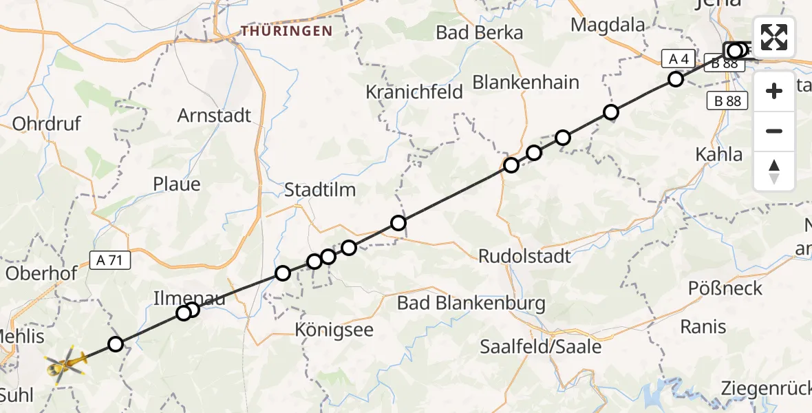Flugroute Rettungshubschrauber Jena University Hospital - Suhl, 14 Mai 2026, 12:25