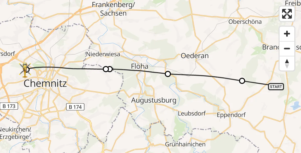 Flugroute Rettungshubschrauber Brand-Erbisdorf - Flemmingstraße Hospital Rooftop, 14 Mai 2026, 12:25
