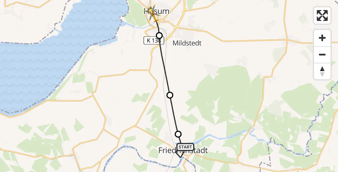 Flugroute Rettungshubschrauber Friedrichstadt - Husum, 14 Mai 2026, 12:27