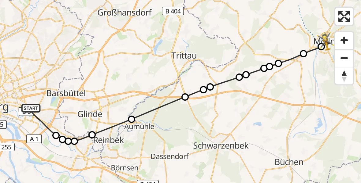 Flugroute Ambulanzhubschrauber Hamburg - Mölln, 14 Mai 2026, 12:32