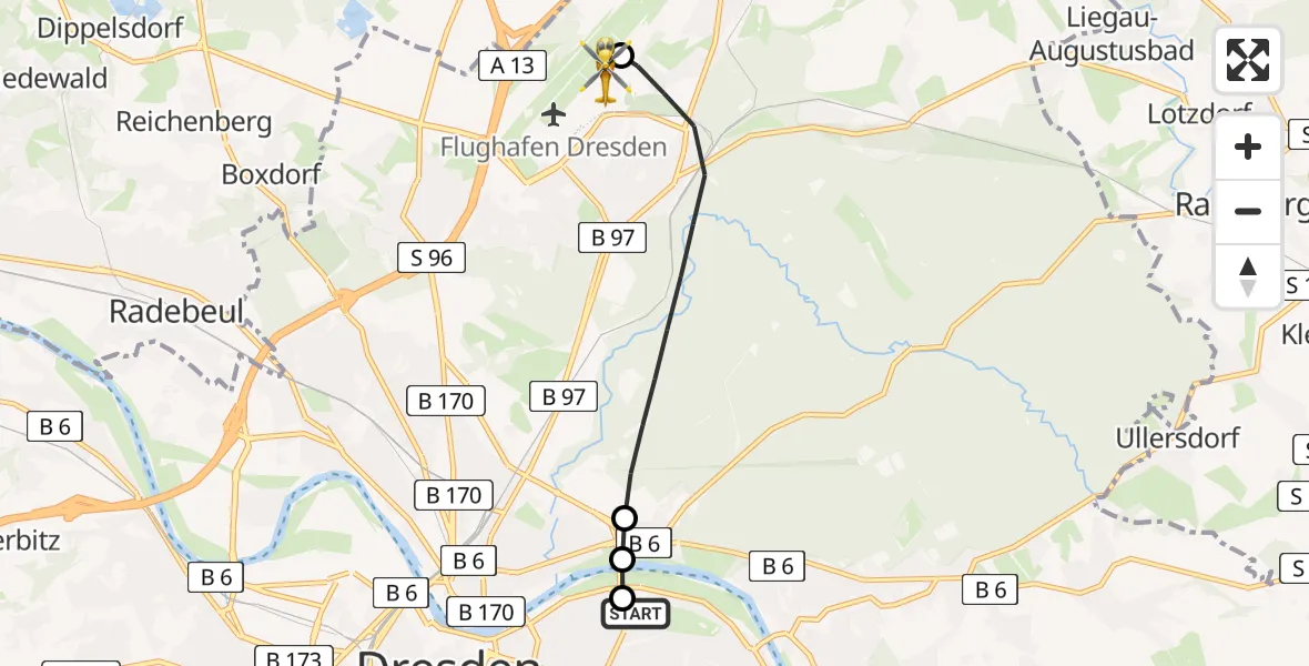 Flugroute Rettungshubschrauber Dresden University Hospital - Dresden Bundespolizei Hubschrauberlandeplatz, 14 Mai 2026, 12:35