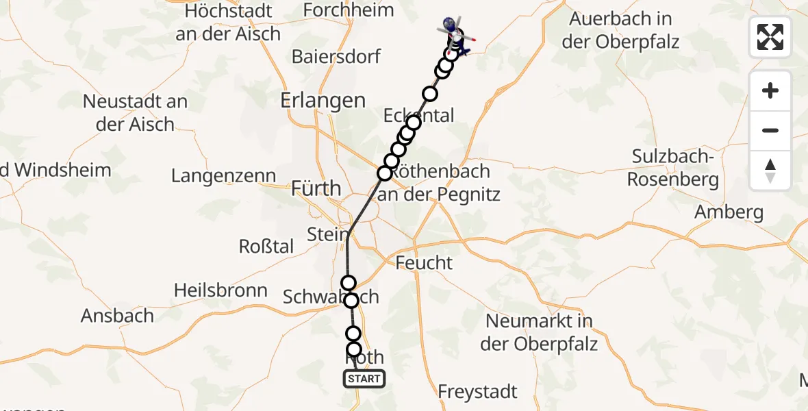 Flugroute Polizeihubschrauber Roth - Obertrubach, 14 Mai 2026, 12:38